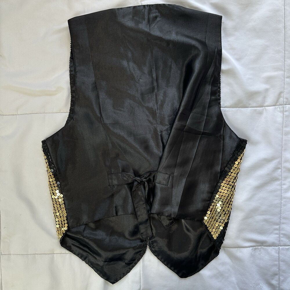 Vtg 80s AJ Silk Blend Vest Womens Small Black Gold Sequin Beads Waistcoat Party - Picture 5 of 8